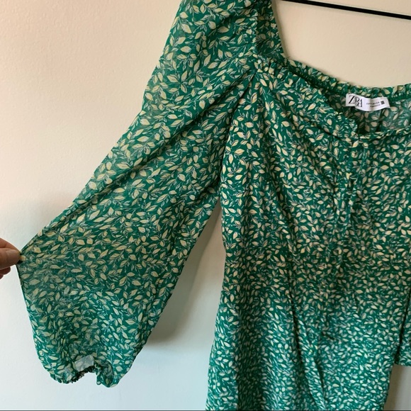 Zara Floral Green Midi Split Hem Dress Garden Plant Women's Medium - Picture 8 of 10